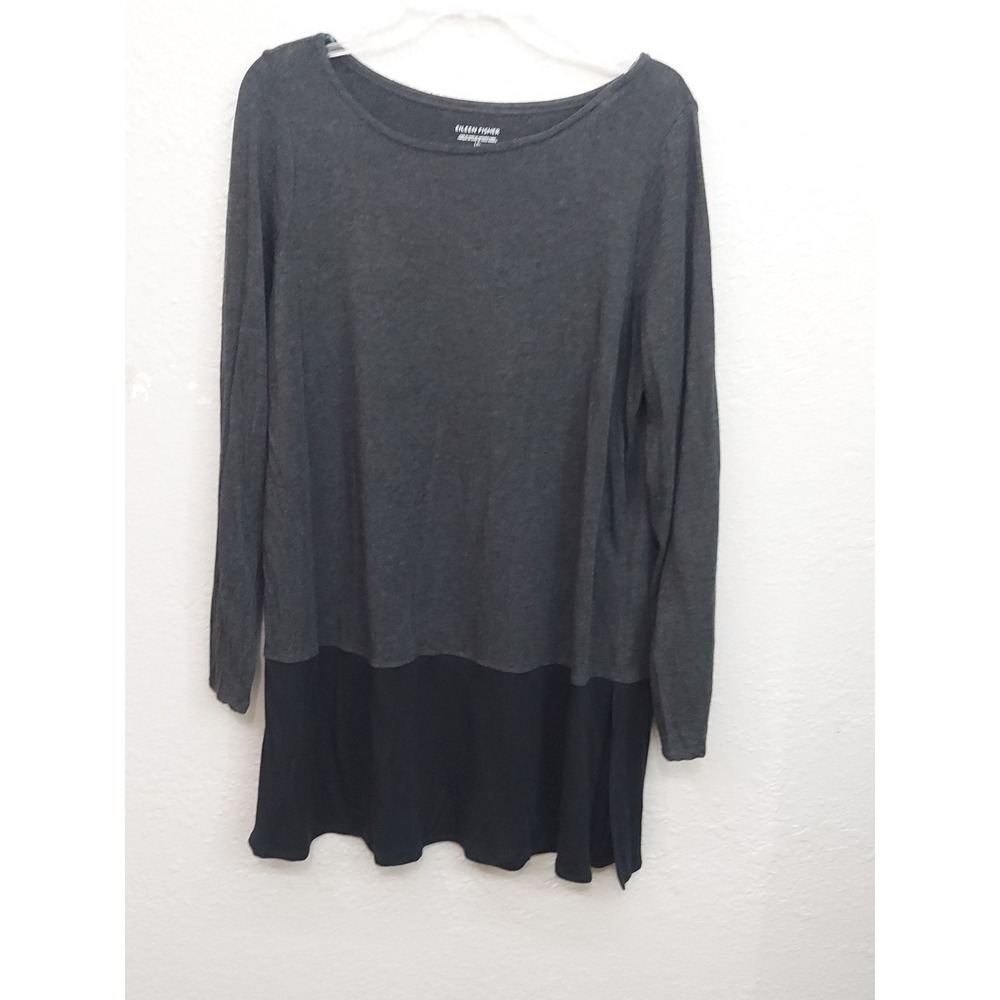 Eileen Fisher Tunic Dress womens Large Gray Black Long Sleeve Lagenlook Minimal‎